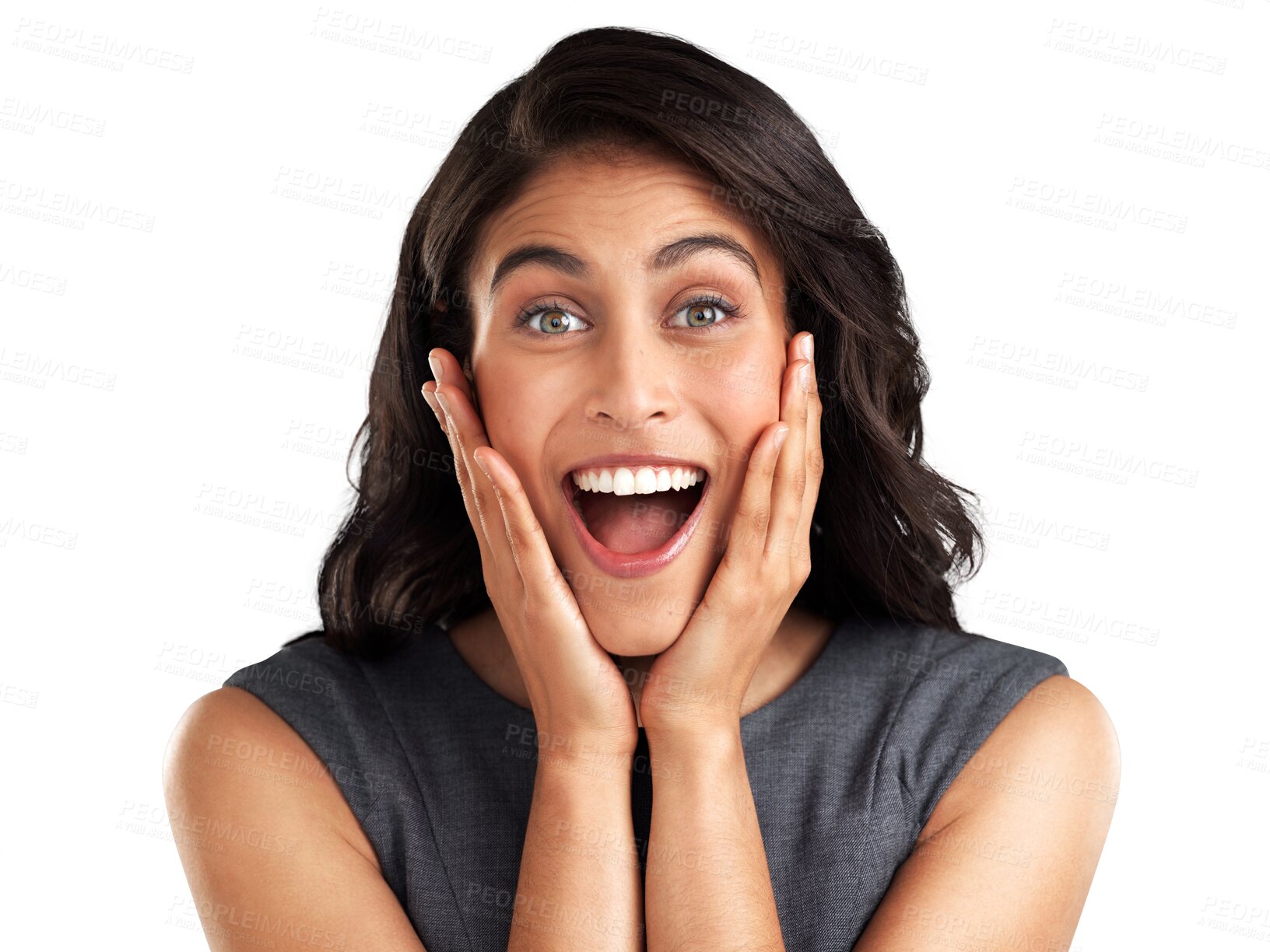 Buy stock photo Business woman, happy and surprise with wow expression for announcement isolated on transparent png background. Excited, shock and hands on face, female person with professional win and promotion