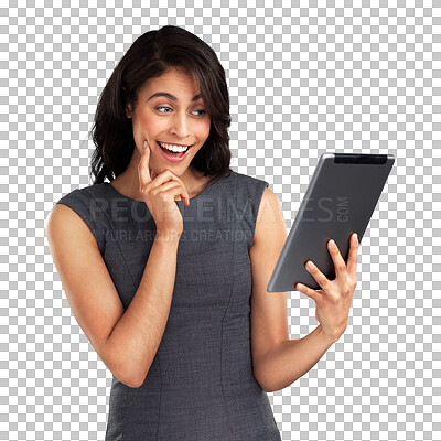 Buy stock photo Secretary, woman and tablet with news and job in png or isolated with transparent background. Reading, female professional and tech is excited with app for career as receptionist with information.