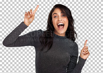 Buy stock photo Pointing, happy and show with portrait of woman on transparent background for excited, news and promotion. Idea, announcement and decision with person isolated on png for opportunity and choice