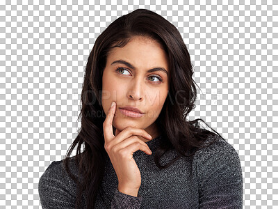 Buy stock photo Wondering, thinking and face of woman with doubt on isolated, PNG and transparent background. Ideas, question and female person thoughtful for decision, option and choice in trendy clothes and style