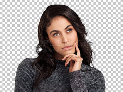 Buy stock photo Doubt, thinking and face of woman with idea on isolated, png and transparent background for ideas. Question, fashion and serious female person with contemplating, wondering and thoughtful expression