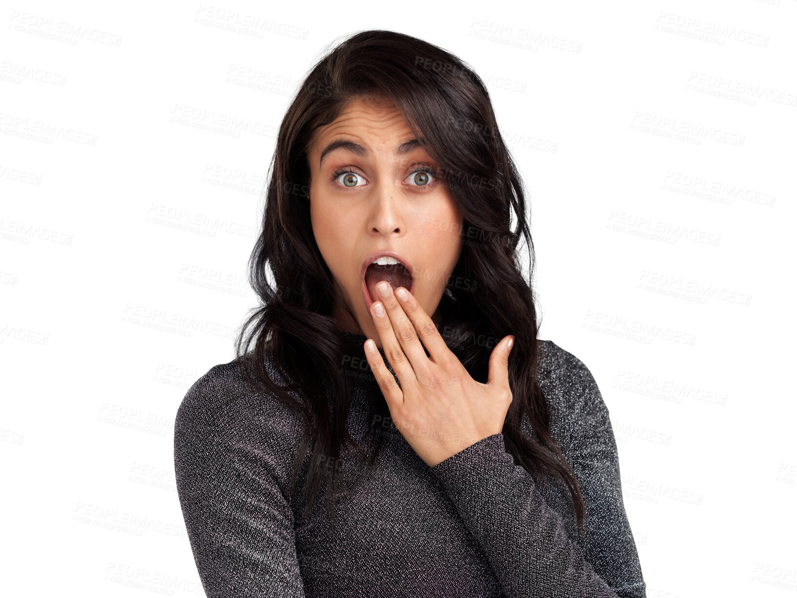 Buy stock photo Surprise, woman and portrait with cover mouth and shock in png or isolated and transparent background. Amazed face, female person and wow, excited and omg emoji or wtf expression with gossip.