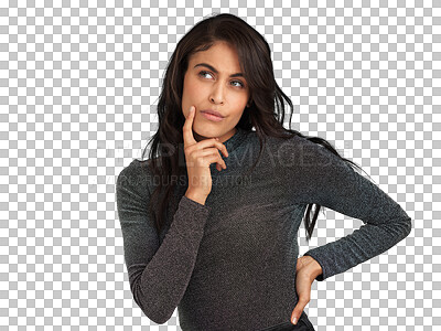 Buy stock photo Fashion, thinking and face of woman with doubt on isolated, PNG and transparent background. Ideas, question and female person thoughtful for decision, option and choice in trendy clothes and style 