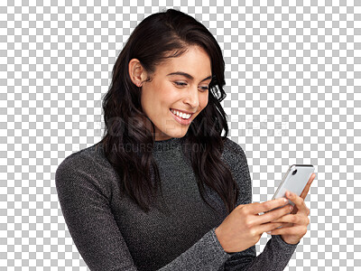 Buy stock photo Smile, happy and search with woman and phone on transparent background for social media, networking and internet. Technology, digital and contact with person isolated on png for communication and app