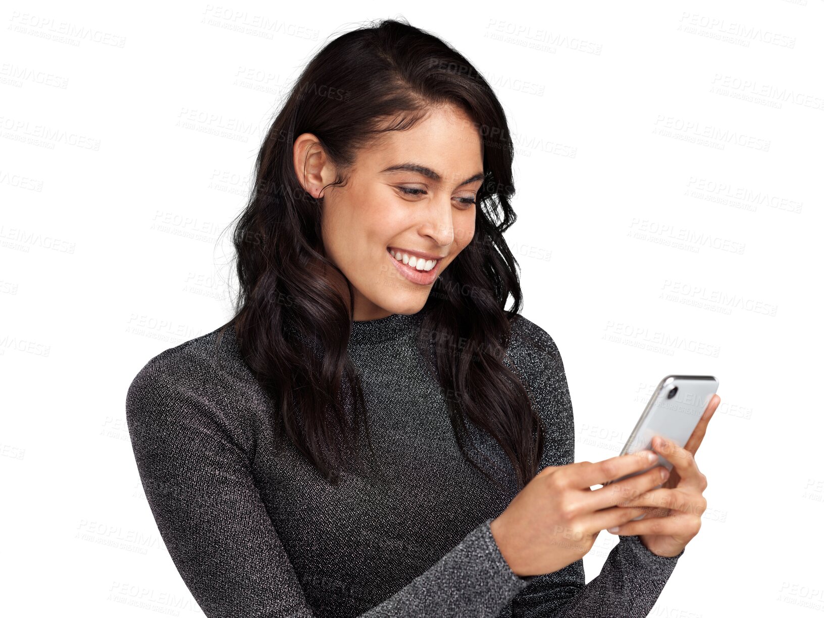 Buy stock photo Smile, happy and search with woman and phone on transparent background for social media, networking and internet. Technology, digital and contact with person isolated on png for communication and app