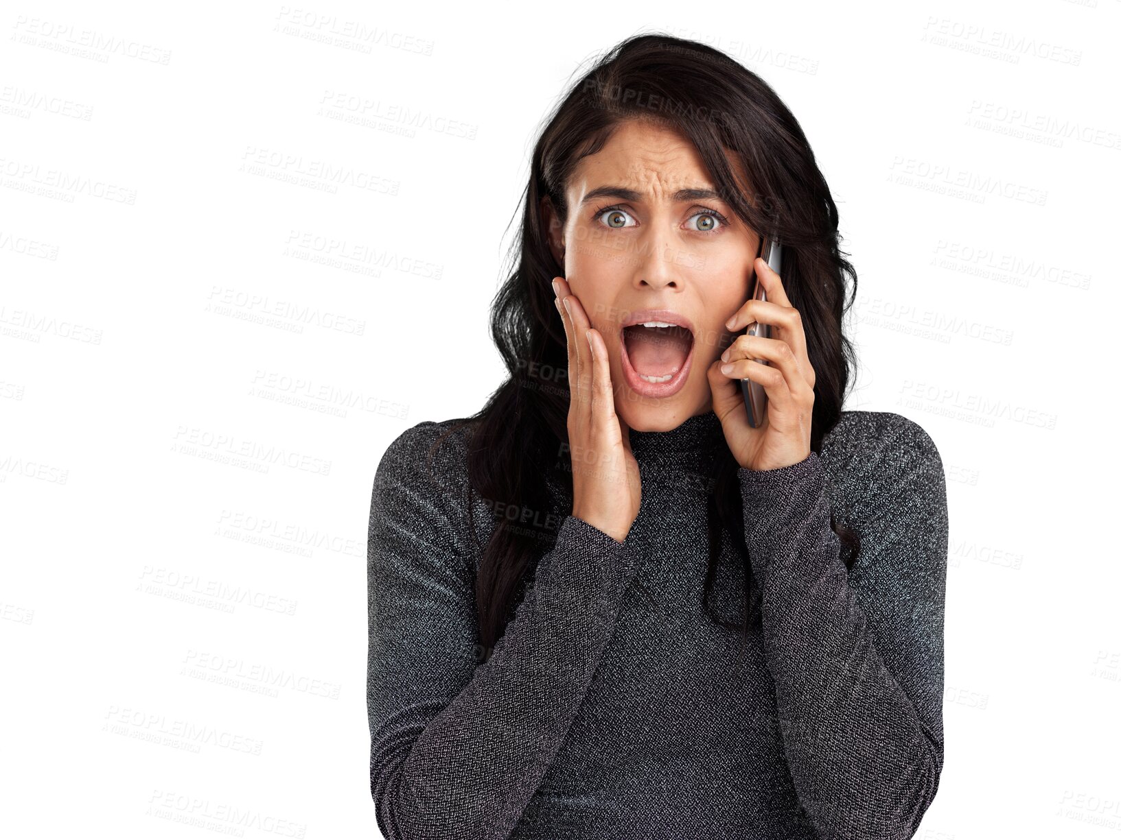 Buy stock photo Shocked, woman and phone in portrait with bad news in png or isolated and transparent background in india. Communication, wow face and female person with cellphone for conversation with gossip.