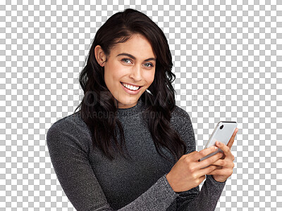 Buy stock photo Smile, portrait and search with woman and phone on transparent background for social media, network and internet. Technology, digital and contact with person isolated on png for communication and app