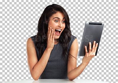 Buy stock photo Shock, tablet and businesswoman with surprise or secretary in png or isolated in transparent background. Professional woman, surprised and news with tech and happy on app with information for job.