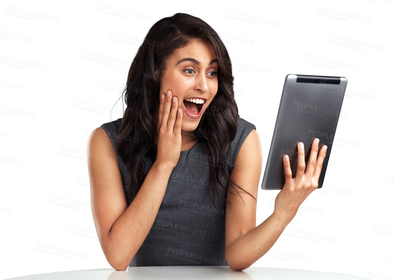 Buy stock photo Shock, tablet and businesswoman with surprise or secretary in png or isolated in transparent background. Professional woman, surprised and news with tech and happy on app with information for job.