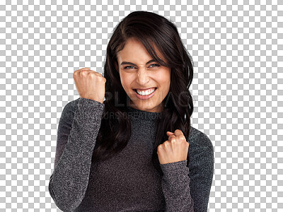 Buy stock photo Winner, success and happy with portrait of woman on transparent background for news, announcement and excited. Wow, celebration and giveaway with person and fist pump isolated on png for reward