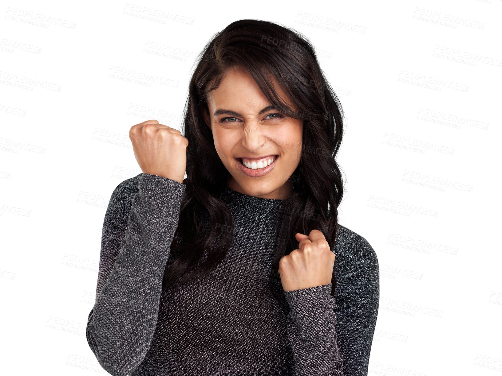 Buy stock photo Winner, success and happy with portrait of woman on transparent background for news, announcement and excited. Wow, celebration and giveaway with person and fist pump isolated on png for reward