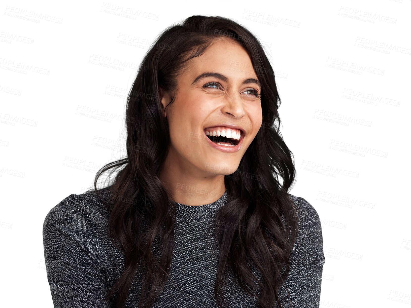 Buy stock photo Happy, smile and laugh with face of woman on transparent background for joy, cheerful and carefree. Confident, pride and funny with female person isolated on png for happiness, joke and meme