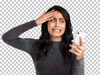 Buy stock photo Stress, mistake and scared with woman and phone on transparent background for social media, networking and internet. Fear, anxiety and problem with person isolated on png for communication and app