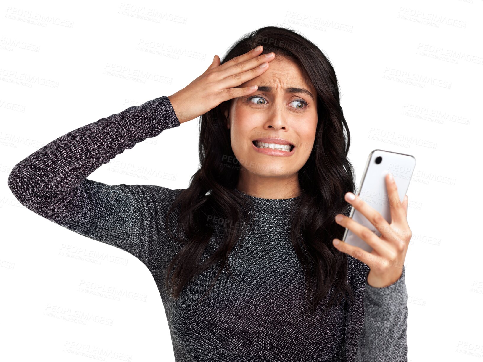 Buy stock photo Stress, mistake and scared with woman and phone on transparent background for social media, networking and internet. Fear, anxiety and problem with person isolated on png for communication and app