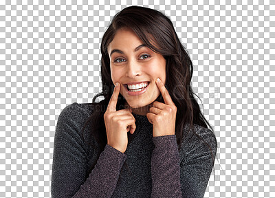 Buy stock photo Happy, smile and teeth with portrait of woman on transparent background for dental, beauty and confidence. Happiness, cheerful and pride with face of person isolated on png for oral health and laugh