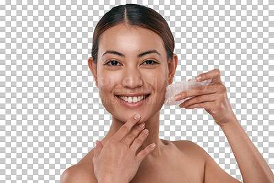 Buy stock photo Beauty, skincare and gua sha with portrait of woman on transparent background for cosmetics, spa treatment and massage. Self care, glow and salon with face of person isolated on png for facial