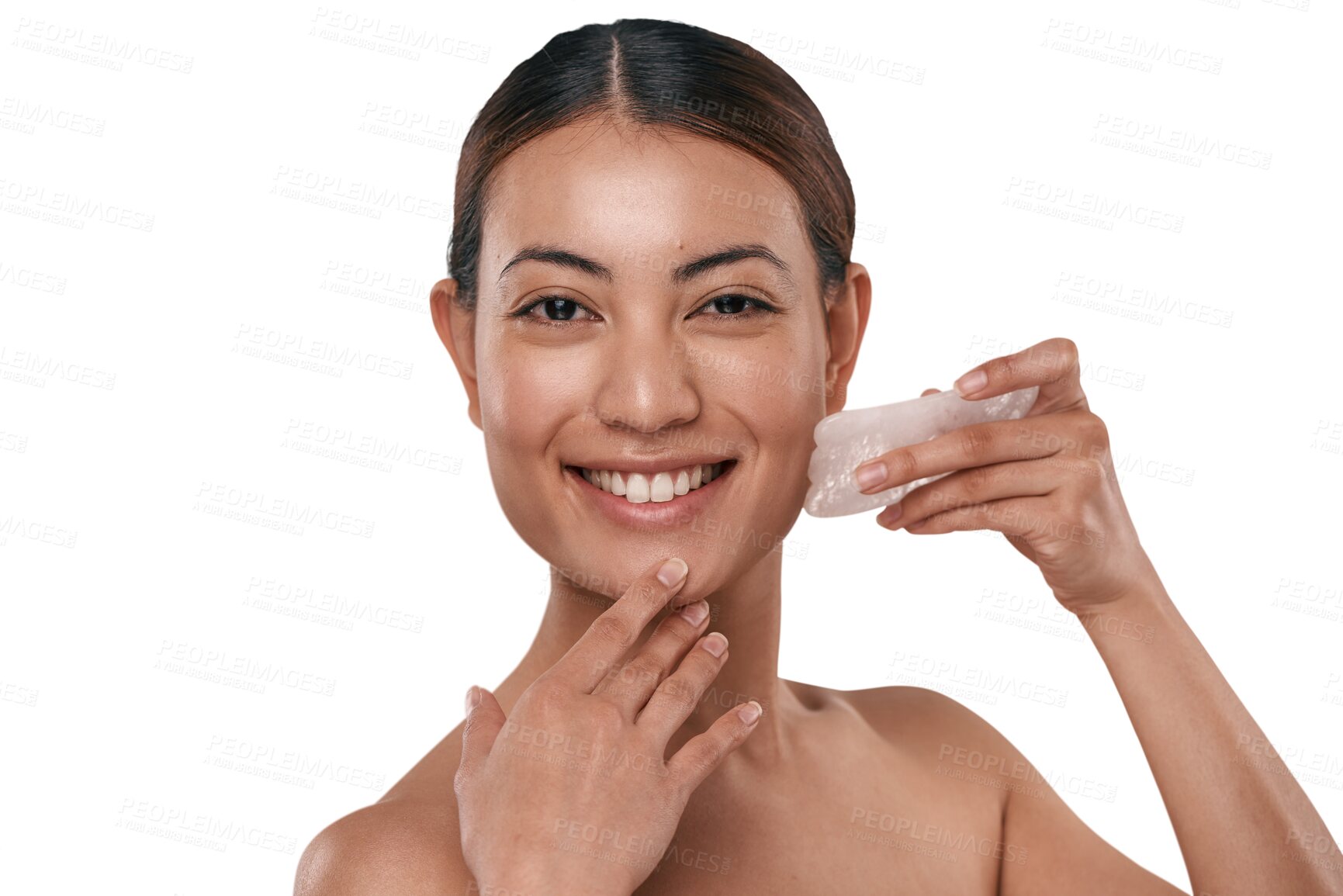 Buy stock photo Beauty, skincare and gua sha with portrait of woman on transparent background for cosmetics, spa treatment and massage. Self care, glow and salon with face of person isolated on png for facial