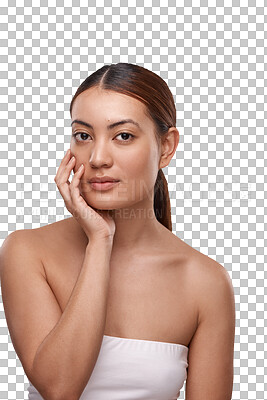 Buy stock photo Beauty, skincare and touch with portrait of woman on transparent background for cosmetics, makeup and spa treatment. Self care, glow and salon with female person isolated on png for dermatology