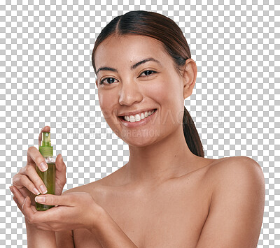 Buy stock photo Beauty, skincare and spray with portrait of woman and bottle on transparent background for cosmetics, facial and face mist. Glow, self care and salon with female person isolated on png for product