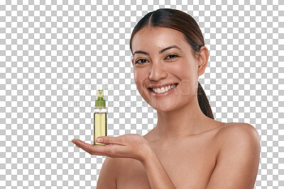 Buy stock photo Woman, serum product and portrait of skincare and dermatology essential oil. Fragrance, young female person and smile with facial, wellness and natural beauty isolated on transparent, png background