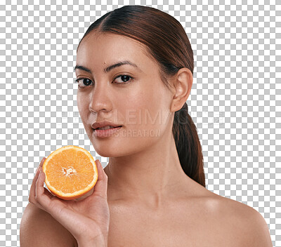 Buy stock photo Orange, natural beauty and woman portrait with vitamin c for facial and dermatology treatment. Skincare, face glow and female person with wellness and citrus isolated on a transparent, png background