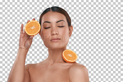 Buy stock photo Orange, natural beauty and relax woman with fruit and vitamin c for facial and dermatology. Skincare, face glow and young female person with citrus detox isolated on a transparent, png background