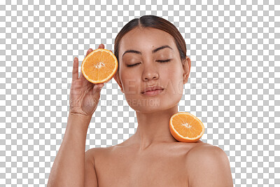 Buy stock photo Orange, beauty and woman fruit portrait with vitamin c for facial and dermatology treatment. Skincare, face glow and female person with wellness and citrus isolated on a transparent, png background