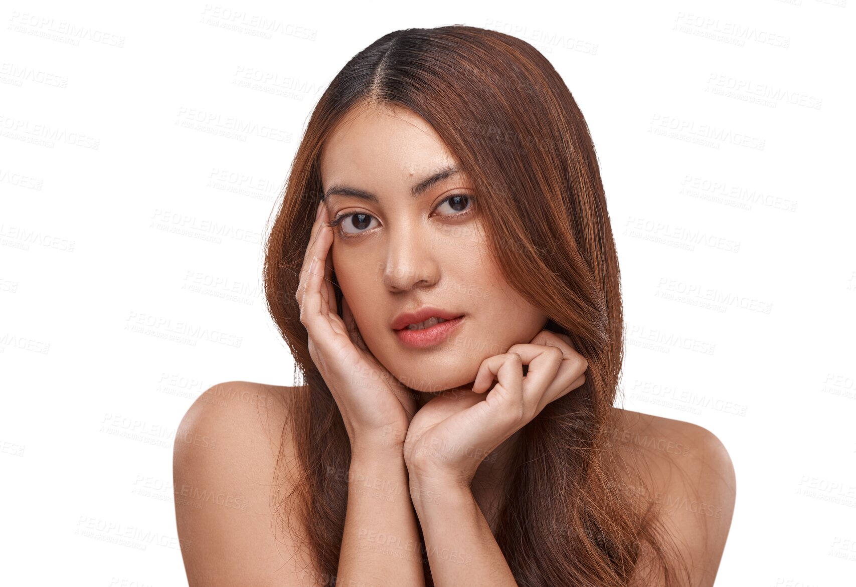 Buy stock photo Salon, hairstyle and skincare with portrait of woman on transparent background for beauty, cosmetics and shampoo. Glow, keratin and makeup with female isolated on png for self love and hair care