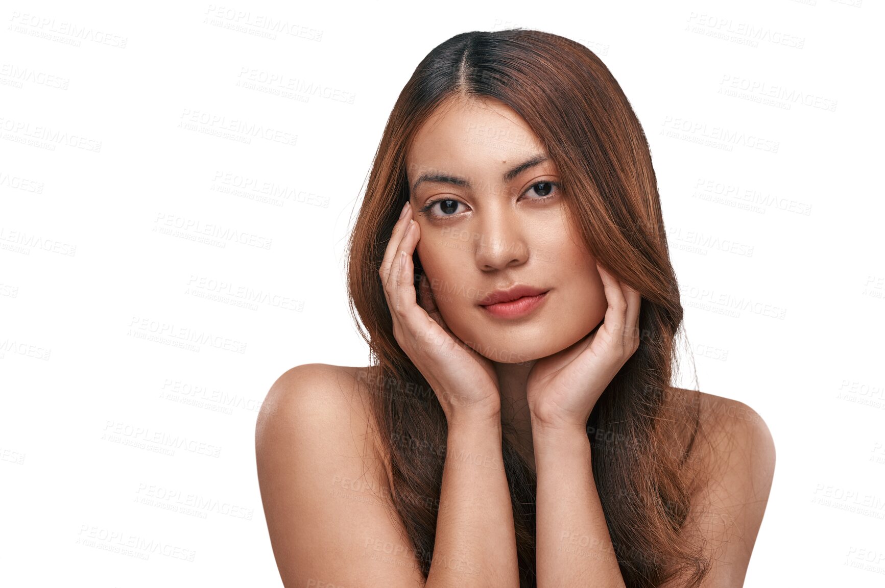 Buy stock photo Beauty, hair care and skincare with portrait of woman on transparent background for salon, cosmetics and shampoo. Glow, keratin and makeup with female isolated on png for self love and hairstyle