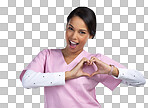 PNG cropped portrait of an attractive young female healthcare worker gesturing a heart shape with her hands in studio against a grey background