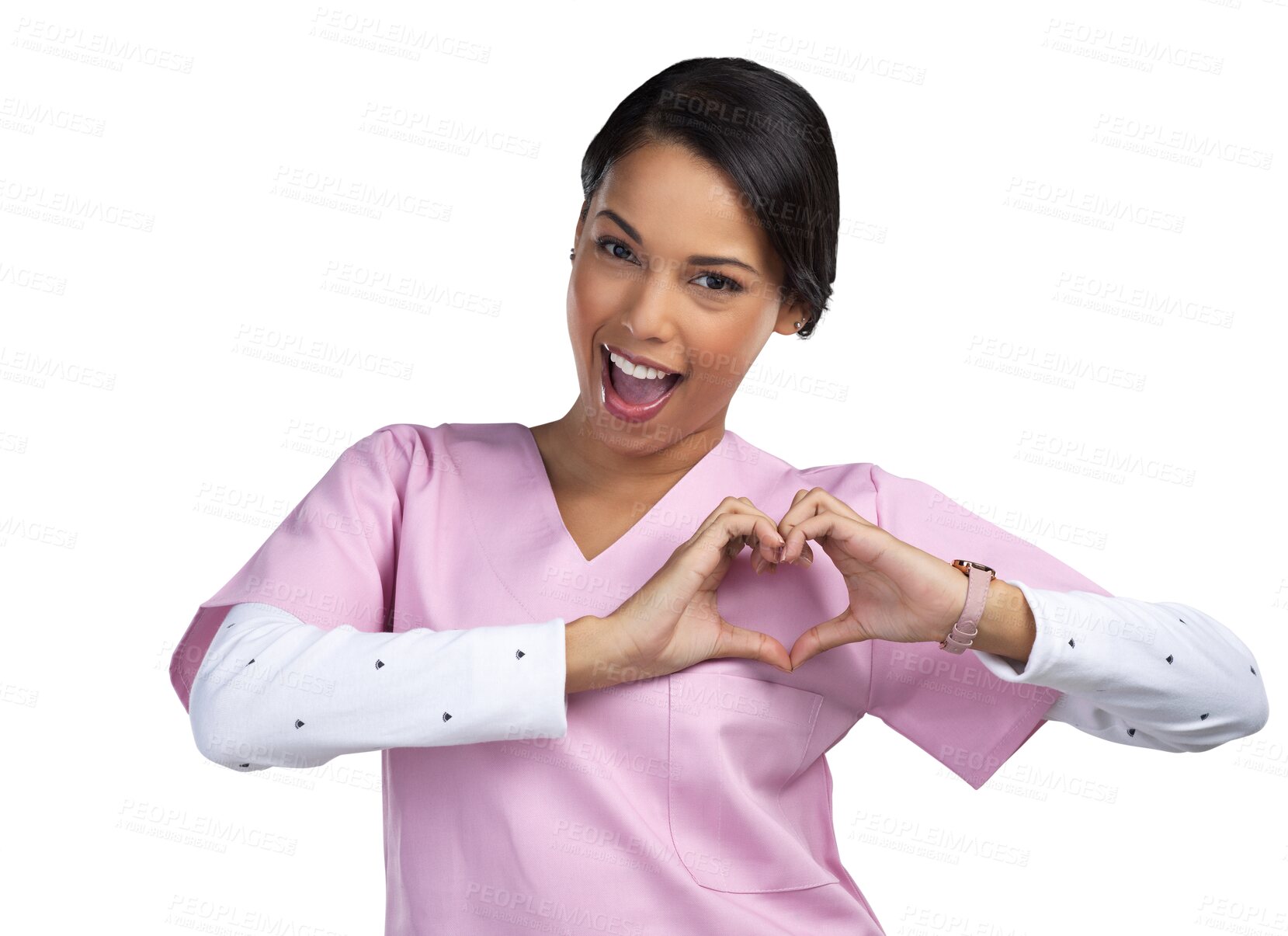 Buy stock photo Hands in heart, nurse and portrait of woman with smile on isolated, PNG and transparent background. Healthcare, hospital and female health worker with emoji sign for medical service, care and support