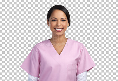 Buy stock photo Medical, happy and nurse with portrait of woman on transparent background for medicine, surgery and wellness. Healthcare, smile and expert with face of person isolated on png for clinic and hospital