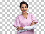 PNG cropped portrait of an attractive young female healthcare worker standing with her arms crossed in studio against a grey background