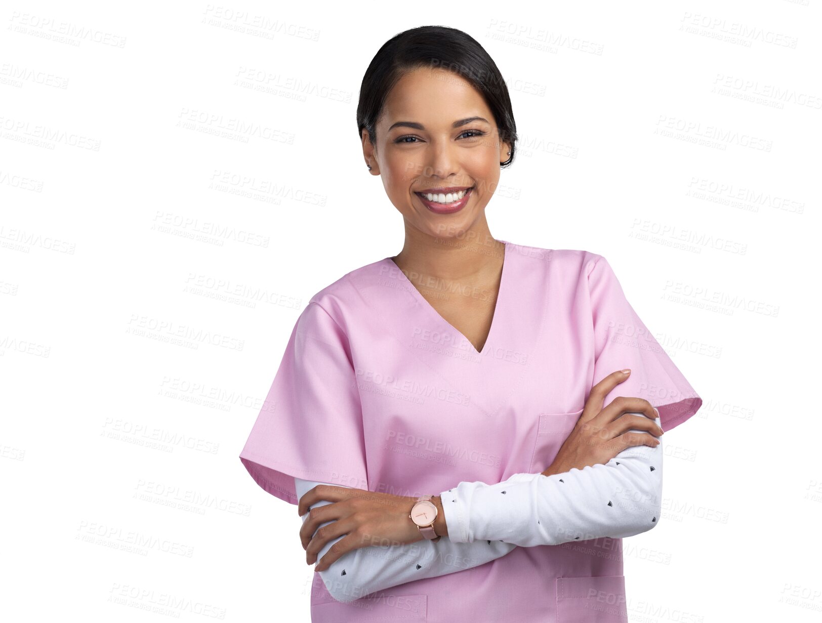 Buy stock photo Crossed arms, nurse and portrait of woman with smile on isolated, PNG and transparent background. Healthcare, hospital and professional female health worker for medical service, care and support