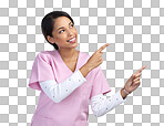 PNG cropped shot of an attractive young female healthcare worker pointing towards copyspace in studio against a grey background