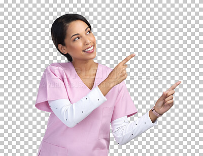 Buy stock photo Doctor pointing, nurse and woman for advertising on isolated, PNG and transparent background. Healthcare, hospital and female person with hand gesture for medical service, promotion and logo