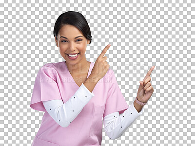 Buy stock photo Pointing, woman nurse and portrait with smile showing advertisement and promo deal. Young female person, healthcare and wellness professional isolated on transparent, png background with announcement