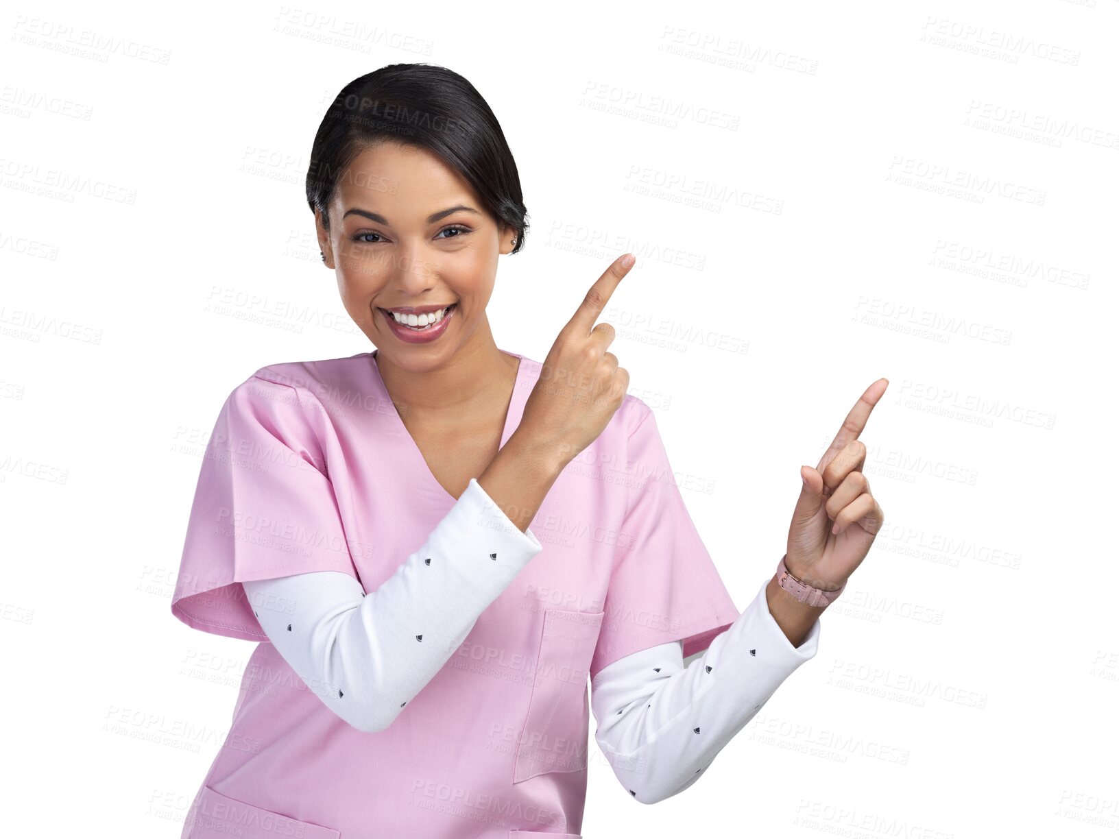 Buy stock photo Pointing, woman nurse and portrait with smile showing advertisement and promo deal. Young female person, healthcare and wellness professional isolated on transparent, png background with announcement