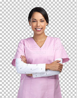 Buy stock photo Medical, arms crossed and nurse with portrait of woman on transparent background for medicine, surgery and wellness. Healthcare, smile and expert with person isolated on png for clinic and hospital