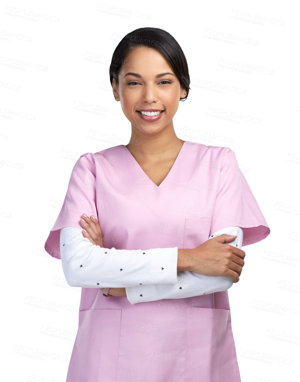 Buy stock photo Medical, arms crossed and nurse with portrait of woman on transparent background for medicine, surgery and wellness. Healthcare, smile and expert with person isolated on png for clinic and hospital