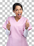 PNG cropped shot of an attractive young female healthcare worker gesturing thumbs up in studio against a grey background