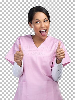 Buy stock photo Thumbs up, nurse and excited woman with hands on isolated, PNG and transparent background. Healthcare, hospital and happy female health worker with hand sign for medical service, thank you or support