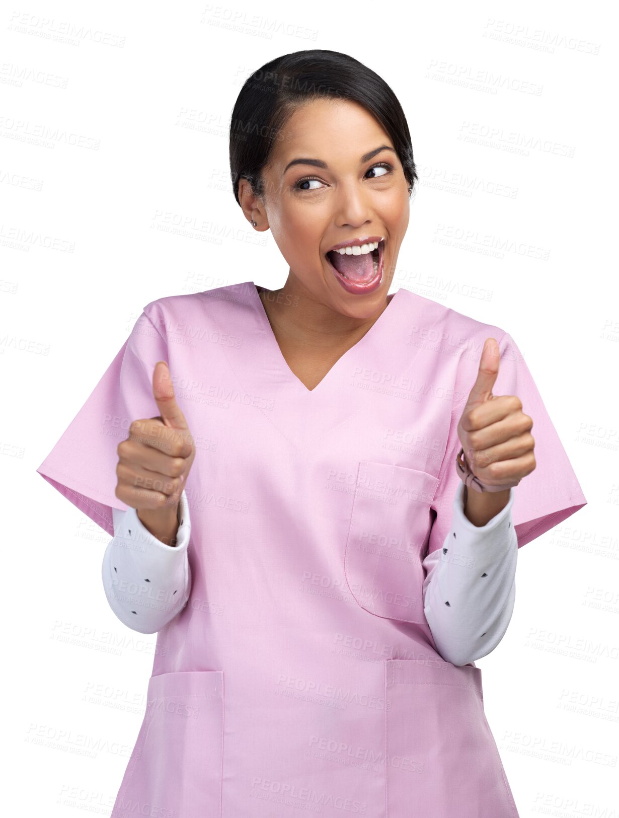 Buy stock photo Thumbs up, nurse and excited woman with hands on isolated, PNG and transparent background. Healthcare, hospital and happy female health worker with hand sign for medical service, thank you or support