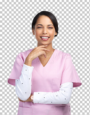 Buy stock photo Medical, smile and nurse with portrait of woman on transparent background for medicine, surgery and wellness. Healthcare, happy and expert with face of person isolated on png for clinic and hospital