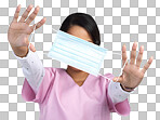 PNG cropped portrait of an unrecognizable young female healthcare worker holding up a mask in studio against a grey background