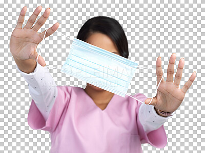 Buy stock photo Medical, nurse and mask on face of woman on transparent background for virus, protection and medicine. Healthcare, safety and wellness with person isolated on png for ppe, surgery and bacteria