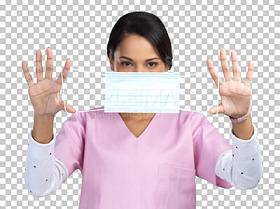 Buy stock photo Portrait, nurse and mask on face of woman on transparent background for virus, protection and medicine. Healthcare, safety and medical with person isolated on png for ppe, surgery and bacteria