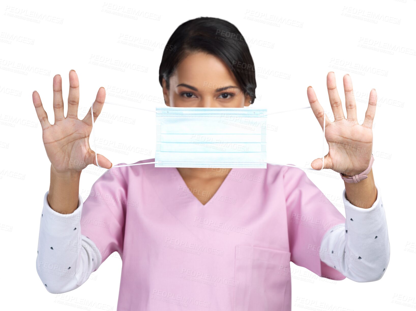 Buy stock photo Portrait, nurse and mask on face of woman on transparent background for virus, protection and medicine. Healthcare, safety and medical with person isolated on png for ppe, surgery and bacteria