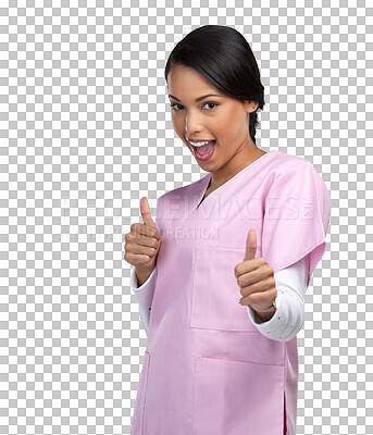 Buy stock photo Thumbs up, happy nurse and portrait of woman on isolated, PNG and transparent background. Healthcare, hospital and female health worker with hand sign for medical service, thank you and support