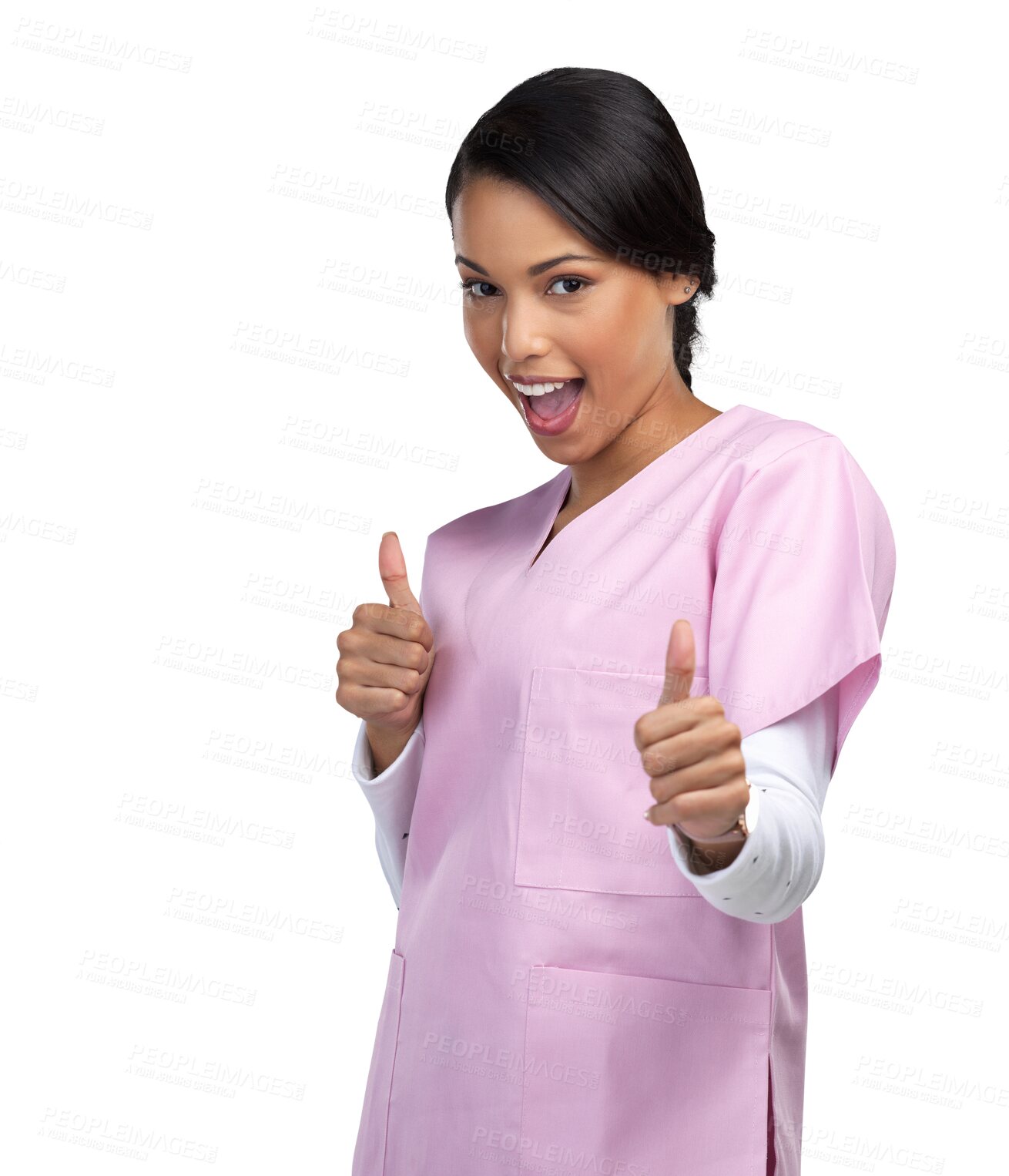 Buy stock photo Thumbs up, happy nurse and portrait of woman on isolated, PNG and transparent background. Healthcare, hospital and female health worker with hand sign for medical service, thank you and support